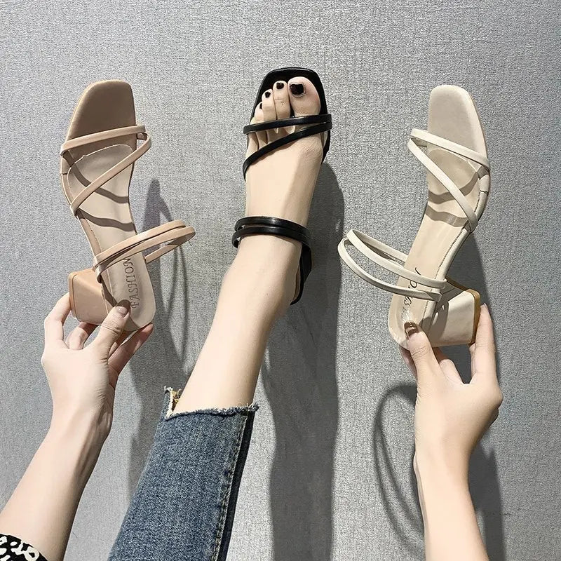 Women Sandals Ladies Square Heels Elegant Summer Slippers Outside Cross Tied Leather Female Slides 2025 Fashion Woman Sandals