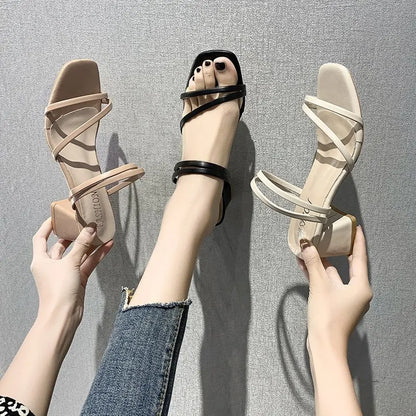 Women Sandals Ladies Square Heels Elegant Summer Slippers Outside Cross Tied Leather Female Slides 2025 Fashion Woman Sandals