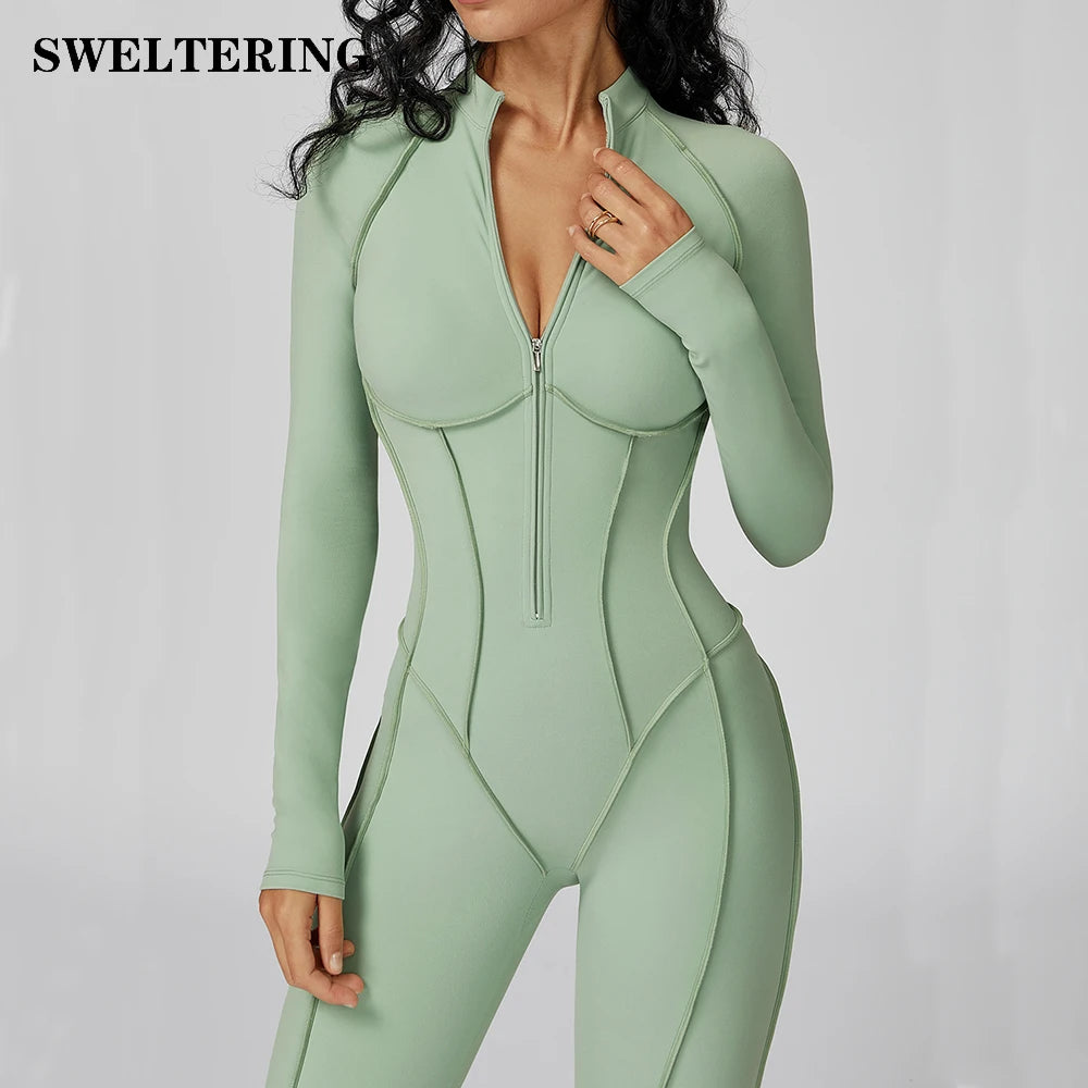 Sexy Rompers Workout Zipper Jumpsuit Long Sleeves Sports Bodysuits Women Gym Running Fitness Suits Gym Tracksuit Sportswear