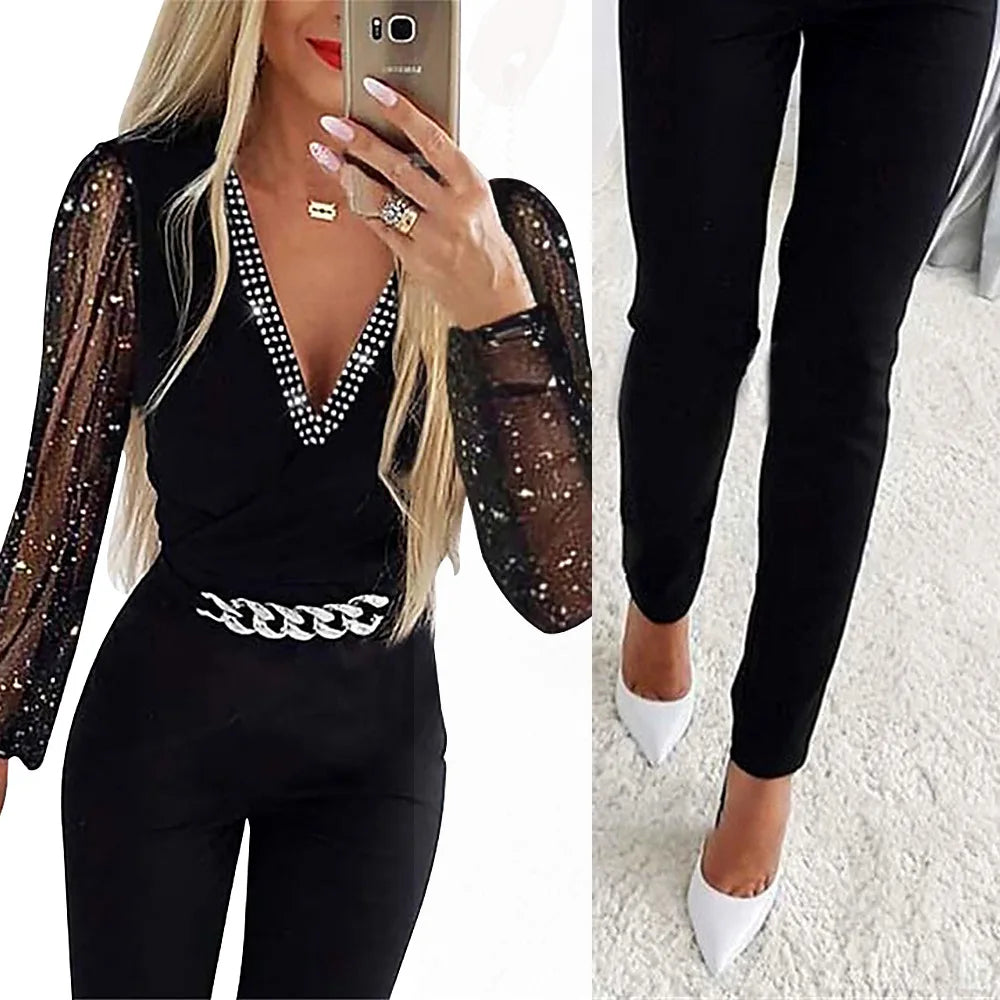 Jumpsuits Women One Piece V Neck Full Sleeve Tight High Waist Overalls Casual Sheath Long Pencil Pants Rompers Slim Fit Y2k