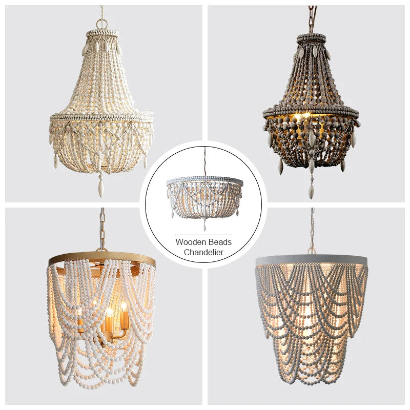French Country white wood Bead Chandelier dining room bedroom princess Decorative chandelier 3/5 lights hanging light fixture