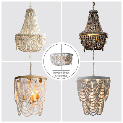 French Country white wood Bead Chandelier dining room bedroom princess Decorative chandelier 3/5 lights hanging light fixture