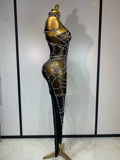 STOCK Sparkly Diamond Women Sexy Mesh Jumpsuit Nightclub Bar Party Show Gogo Dancer Clothing Drag Queen Outfit Stage Costume
