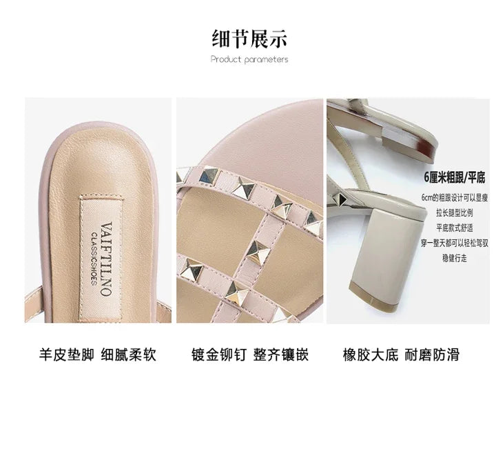Women's Sandals Gladiator Summer With Heels Real Leather Rivets Luxury Brand High-heeled slippers Designer Silver Ladies Shoes