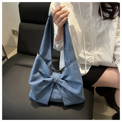 Sweet Bowknot Design Women's Denim Shoulder Bags Commuter Thread Ladies Handbags Casual Lightweight Female Underarm Tote Bag