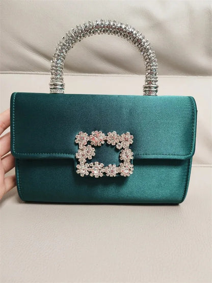Rhinestone Faux Silk Emerald Evening Bag Silver Diamond Buckle Handle Fashion Handbags Elegant Ladies Square Bolsa Feminina