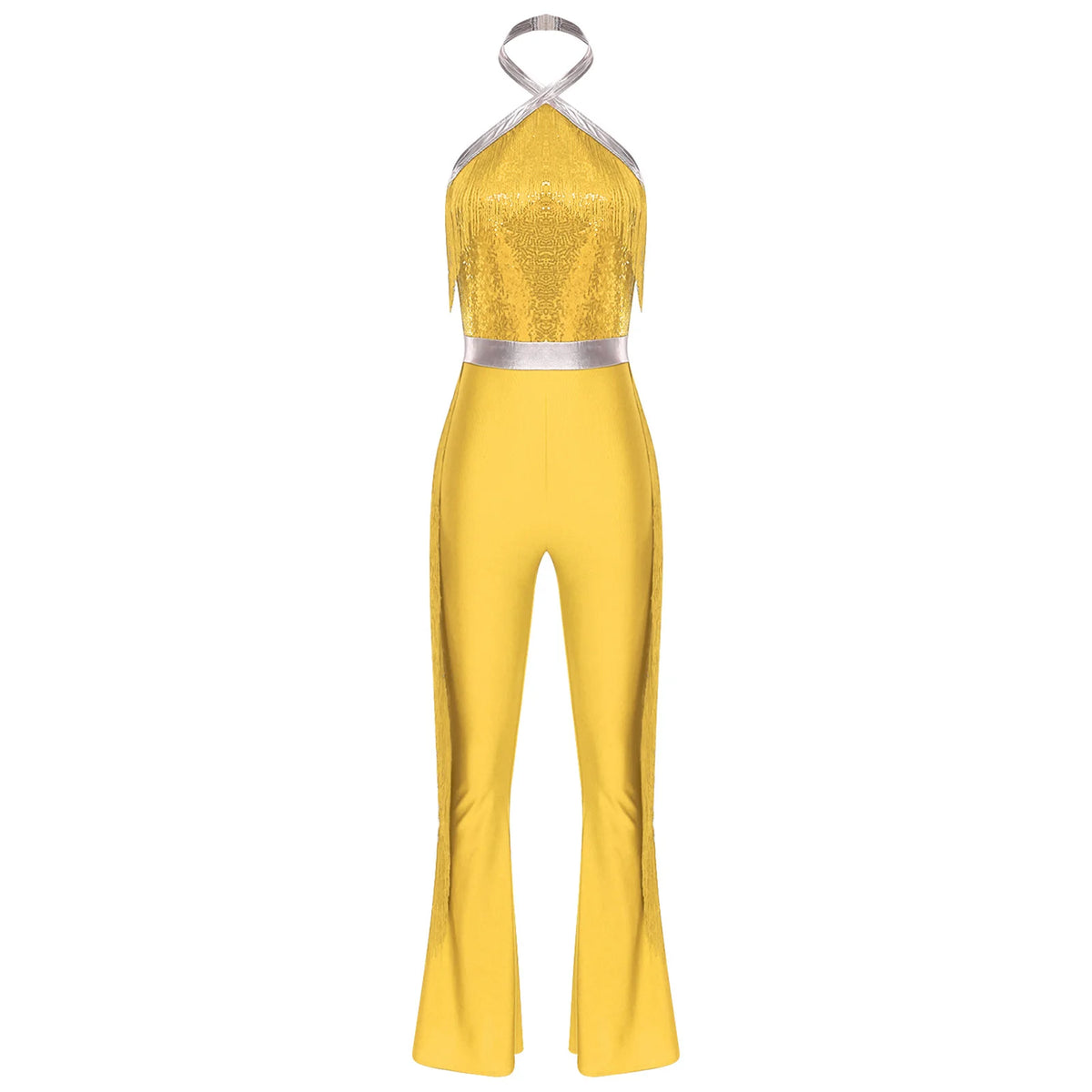 70s 80s Disco Costume Women's Streetwear Jumpsuit Shiny Clubwear Flared Long Pants Rompers Flares Metallic Hippie Party Outfit
