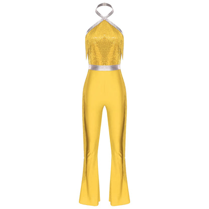 70s 80s Disco Costume Women's Streetwear Jumpsuit Shiny Clubwear Flared Long Pants Rompers Flares Metallic Hippie Party Outfit
