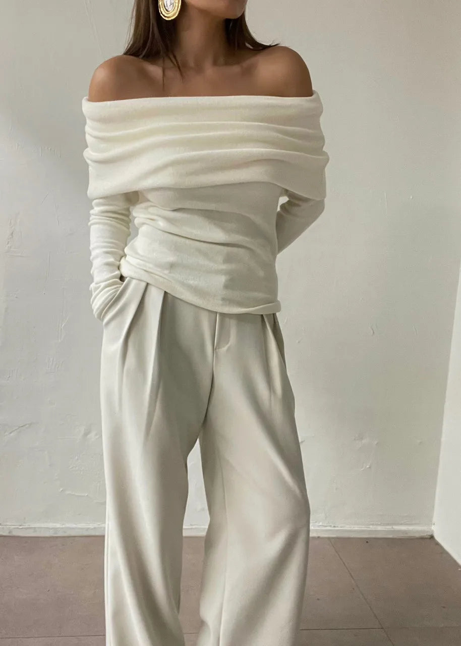 Long Sleeve Off Shoulder Knit Top Women Stretchy Ruched Strapless Pullover Bardot Sweater Spring Summer 2026 Elegant Fashion