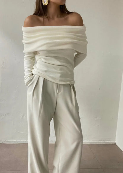 Long Sleeve Off Shoulder Knit Top Women Stretchy Ruched Strapless Pullover Bardot Sweater Spring Summer 2026 Elegant Fashion