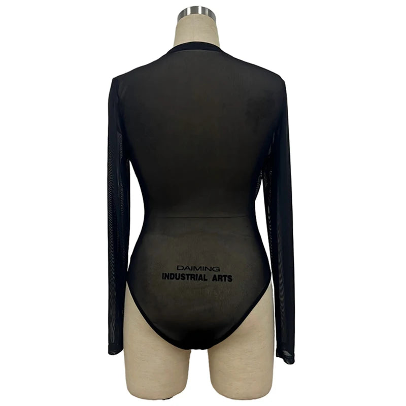 Elegant Long Sleeve Halter Bodysuits Women Fashion Solid Color Mesh Slim Short Jumpsuit Female Sexy Shirts Jumpsuit Red Black