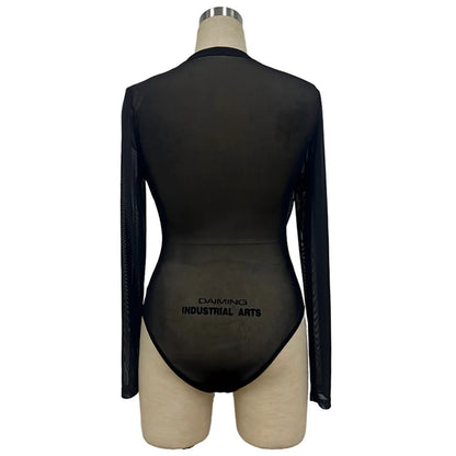 Elegant Long Sleeve Halter Bodysuits Women Fashion Solid Color Mesh Slim Short Jumpsuit Female Sexy Shirts Jumpsuit Red Black