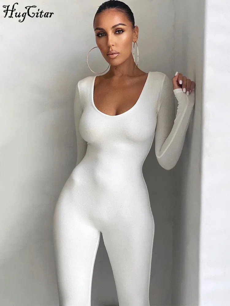Hugcitar 2025 Square Collar Solid Long Sleeve Stretchy Bodycon Jumpsuits Winter Women Fashion Romper Streetwear Sport Wholesale