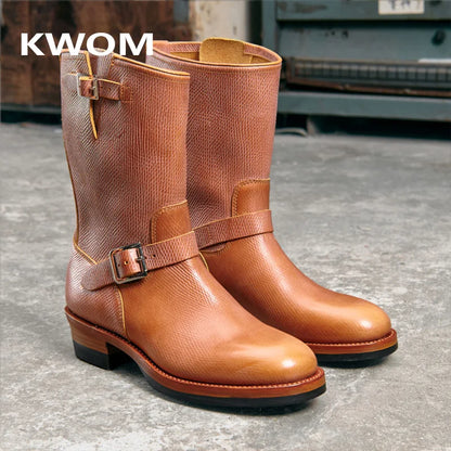 KOWM Cowhide Hiking shoes workwear goodyear shoes trendy  ankle shoes walking sneakers Brown trekking boots men Engineer's boots
