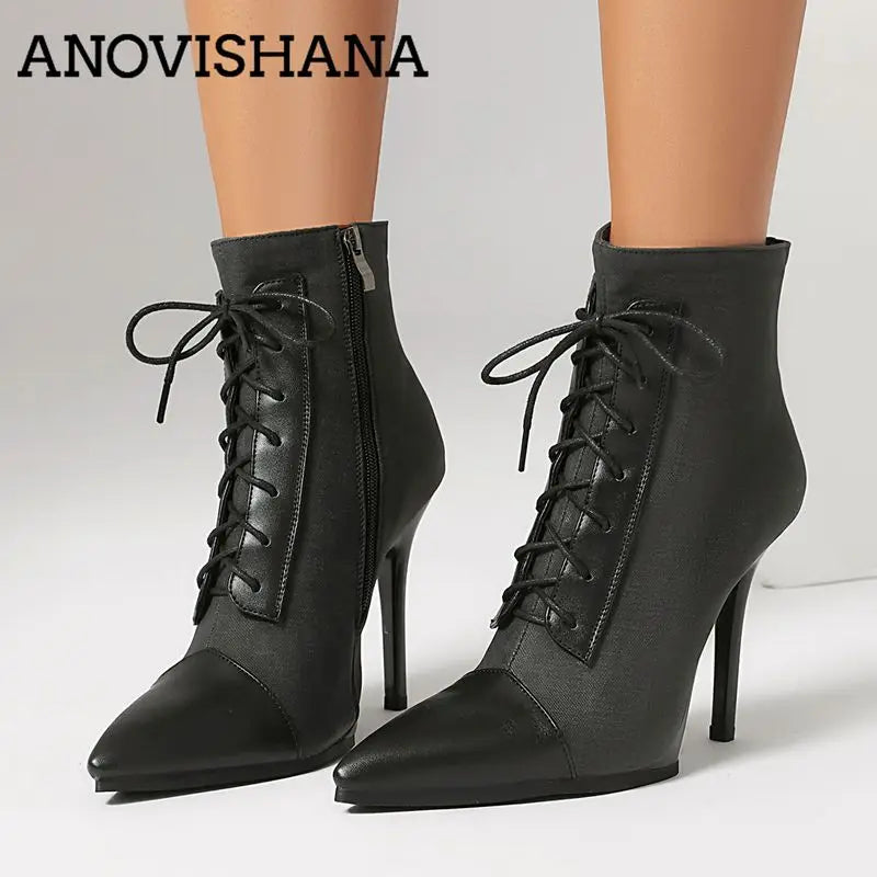 ANOVISHANA Elegant Fmeale Ankle Boots Pointed Toe 11cm Thin High Heels Zipper Lace Up Mixed Color Large Size 40 41 Short Autumn