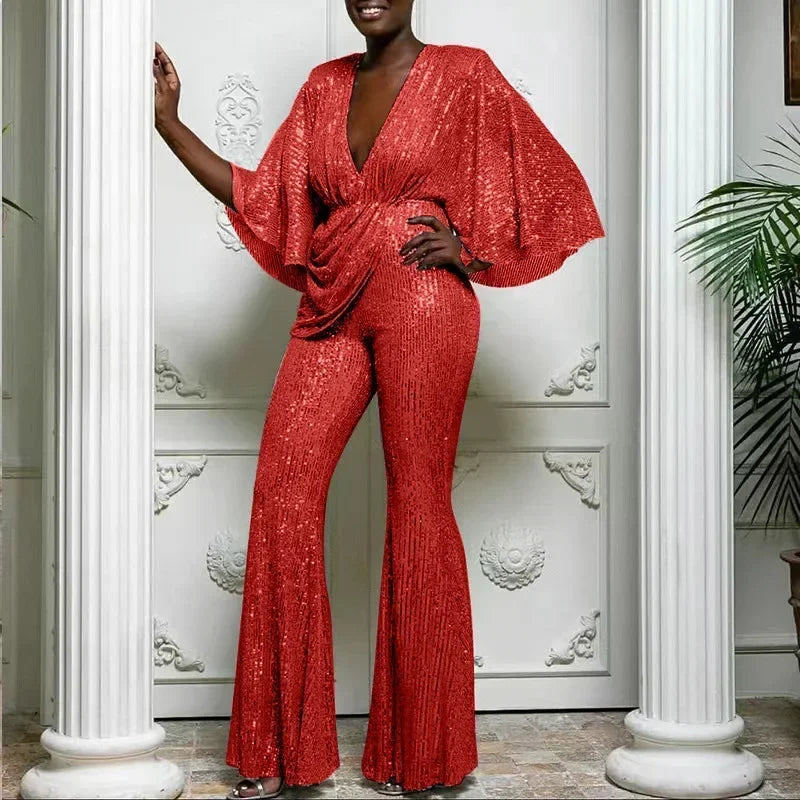Women's Sequin Jumpsuit Sexy Deep V Backless Lady Elegant Fashion Half Sleeve Wide-leg Trousers New Party Jumpsuits
