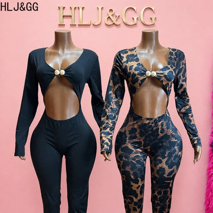 HLJ&GG Sexy Leopard Print Bodycon Jumpsuit for Women Hollowed-out Patchwork Full Sleeve Rompers Female Streetwear Overalls New