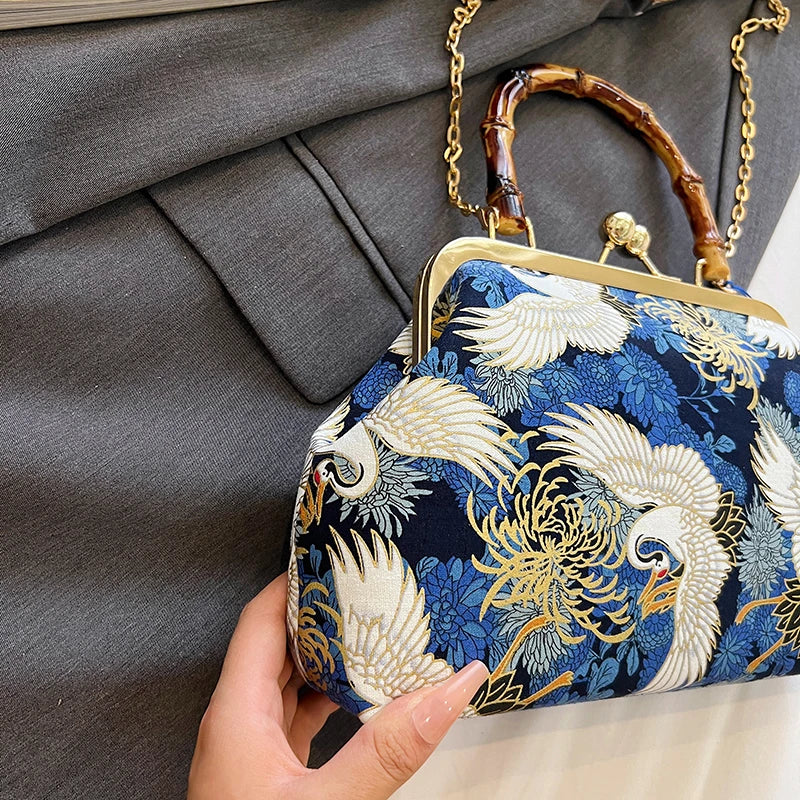 Designer Bamboo Handle Handbag Retro Embroidery Women Evening Bag High-end Nylon Crossbody Bag Luxury Lady Shoulder Bags Satchel