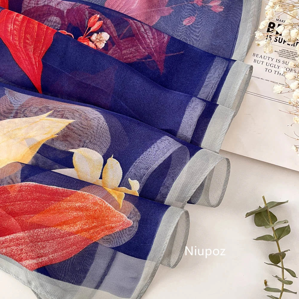 Gradient Lily Print Pretty Women Elegant Chiffon Georgette Bandana Scarf Summer Beach Sunscreen Thin Shawl