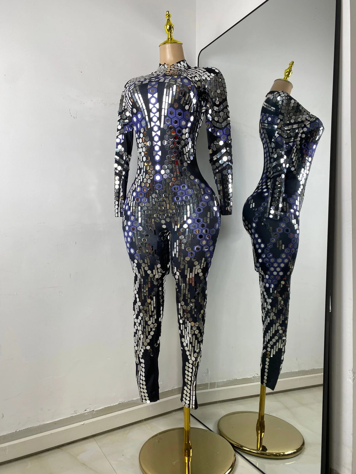 Women Sexy Spandex Tight Jumpsuit Long Sleeve Mirrors Cosplay Costume Nightclub Dancer Outfit Performance Stage Wear