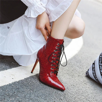 Sexy Ankle Cowboy Boots For Women Dance Shoes Fashion Snake Red White Black High Heels Lace Up Short Boot Autumn Large Size