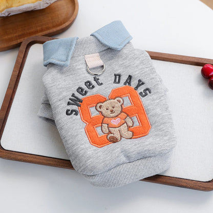 Preppy Bear Pet Sweatshirt, Gray with Denim Collar, Embroidery, D-Ring Included, Pullover Two-Legged Outfit for Small Dogs &Cats