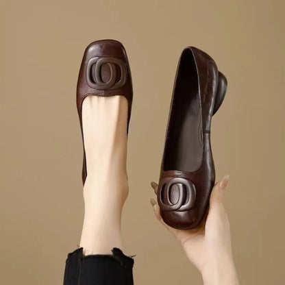 French Style Square Toe Block Heel Pumps Women Spring Autumn New Soft Leather Shallow Shoes Metal Buckle Vintage Women's Shoes