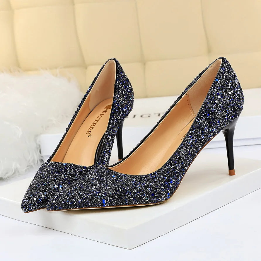 Women 7cm 9.5cm High Heels Pumps Wedding Bridal Scarpins Sparkly Mid Heels Lady Party Sequins Glitter Evening Gold Silver Shoes
