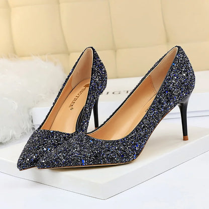 Women 7cm 9.5cm High Heels Pumps Wedding Bridal Scarpins Sparkly Mid Heels Lady Party Sequins Glitter Evening Gold Silver Shoes
