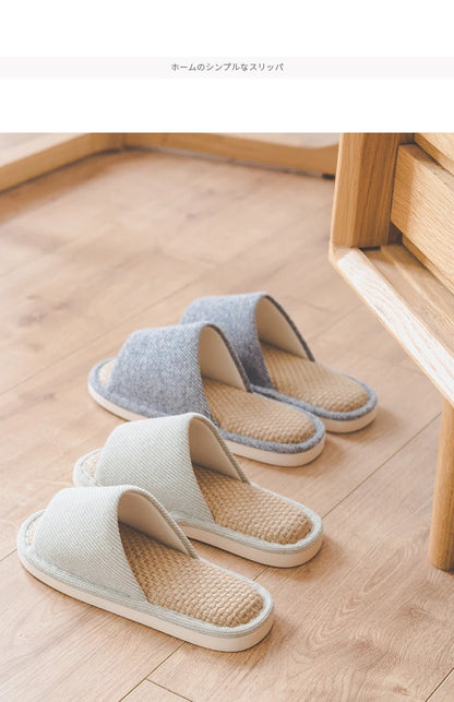 UTUNE Natural Linen Women's Slippers Mute Comfortable Indoor Home Couple Shoes Soft Sole Anti-slip Couple Four Season Slides