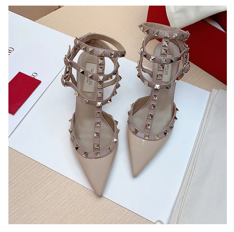 Women's sandals luxury Woman shoes Gladiator Summer 2026 New Rivet High-heeled Three Straps Ankle Fashion Designer Ladies Shoes