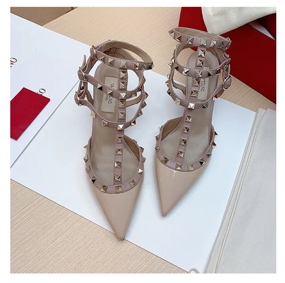 Women's sandals luxury Woman shoes Gladiator Summer 2026 New Rivet High-heeled Three Straps Ankle Fashion Designer Ladies Shoes
