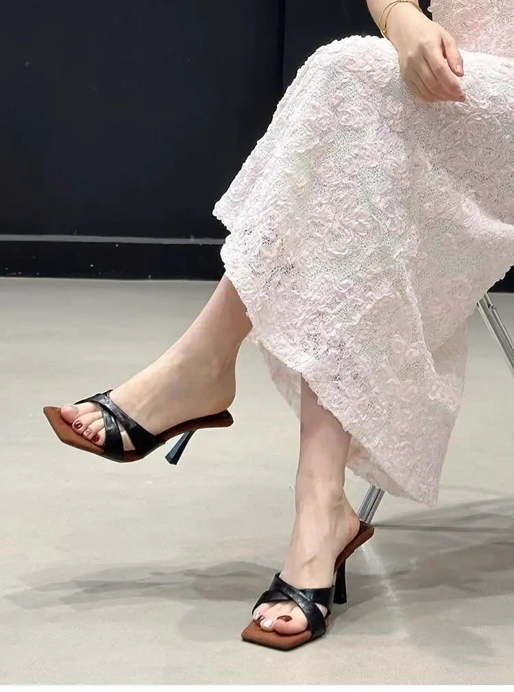 Square Toe Women's High Heels Slippers Elegant Sandals Fashion Shoes Dress Pumps Woman Slides New Luxury Female Flip Flops