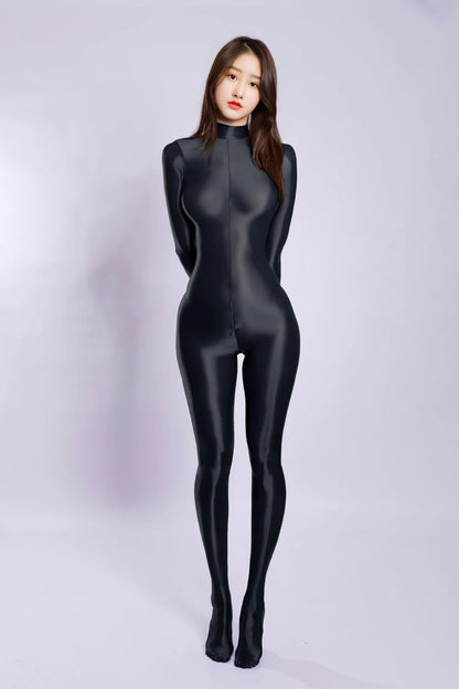 New Unisex Shiny Catsuit Bodystocking Long Back Zipper Open Crotch Bodysuit Tights Leotard Conjoined Unitard Jumpsuit Teddies