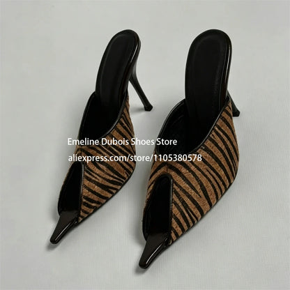 Zebra Print Faux Pony Hair Cutout High Heel Sandals Women Pointed Toe Slip on Stilettos Mules Sexy Party Ladies Dress Sandals