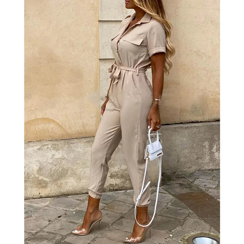 2025 New Women's Jumpsuit Casual Workwear Summer Romper with Print Button-up Lapel Waist Belt Slim Fit One Piece Pants Set Fashi