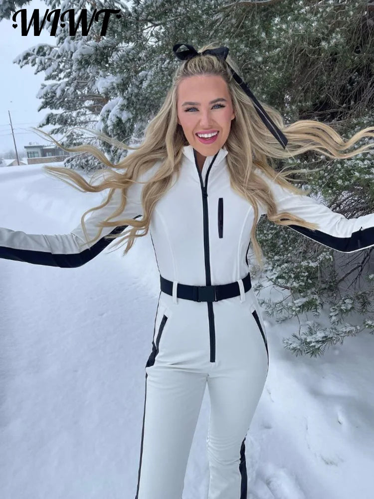 Winter Patchwork Ski Jumpsuits For Women Long Sleeve Waterproof Windproof Skiing Overall Female 2025 Elegant Skateboard Jumpsuit