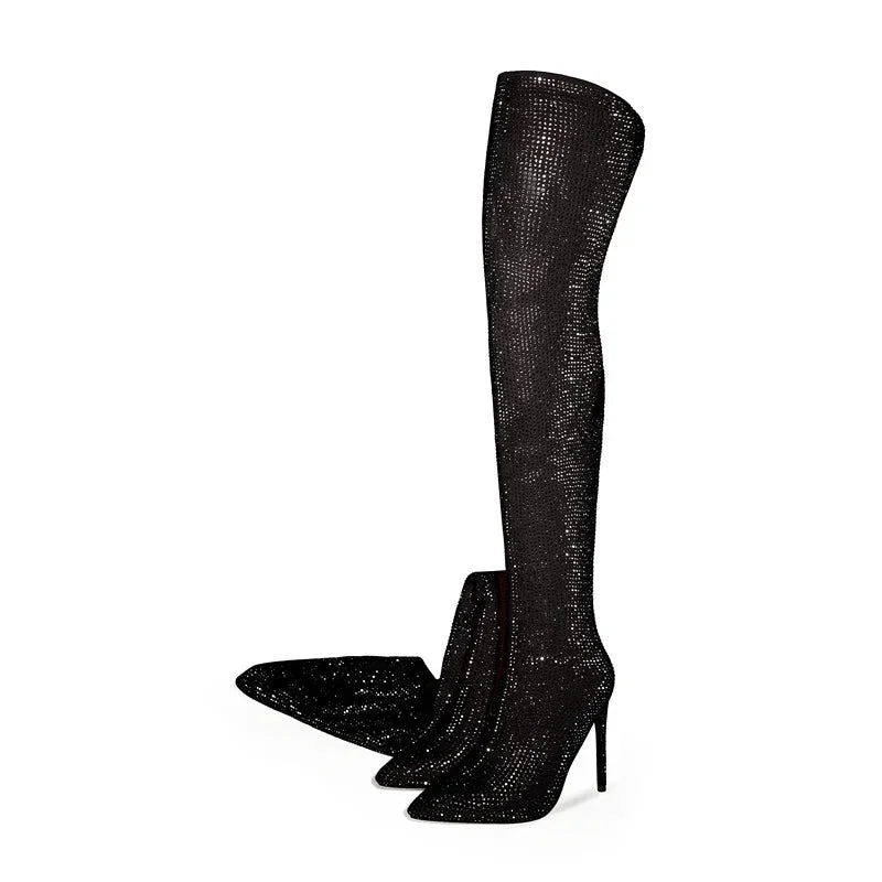Silver Black Rhinestone 12cm High Heel Long Boots New Fashion Show Shiny Diamond Pointed Women's Over The Knee Boots Size 34-46