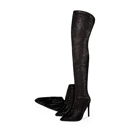Silver Black Rhinestone 12cm High Heel Long Boots New Fashion Show Shiny Diamond Pointed Women's Over The Knee Boots Size 34-46