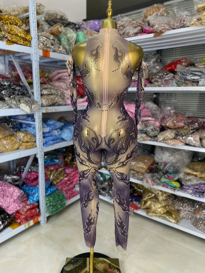 Sparkly Rhinestones Printed Mesh Bodycon Green Jumpsuits With Sleeves See Through Masquerade Costume Dress Night Club DJ Gogo