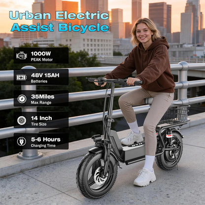 ASKGO Adult Foldable Electric Scooter with Seat, 1000W Peak Motor, Up to 25MPH, 35-Mile Long Range, 48V 15Ah Battery, 14" Tires, Dual Suspension, Commuting E-Scooter Equipped with Rear Basket