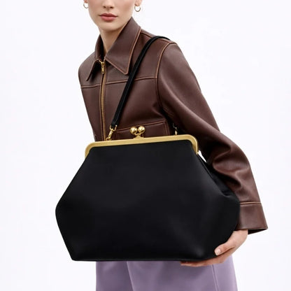 2026 Retro Leather & Straw Woven Bag – Kiss Lock Frame Shell Clutch, Large Capacity Shoulder Tote for Commute Beach Evening
