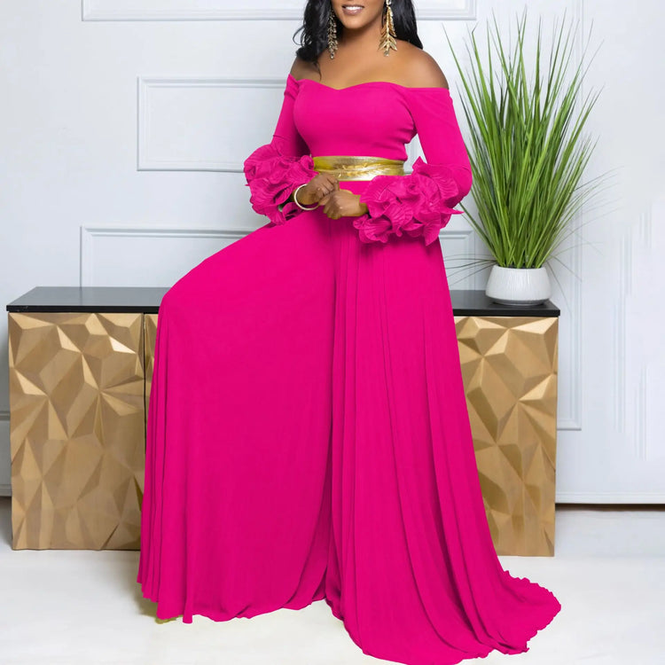 CM.YAYA Women Long Ruffles Sleeve Pleated Slash Neck Wide Leg Long Jumpsuits Party Beach Belt Street Sexy Africa Outfit Rompers