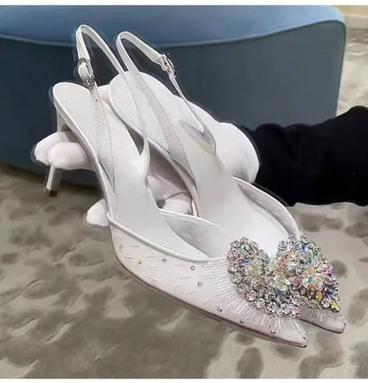 Luxury Diamond Pearls Lace Mesh Women Pumps Elegant Pointed toe Thin High heels Fashion Summer Slingbacks Wedding Party Shoes