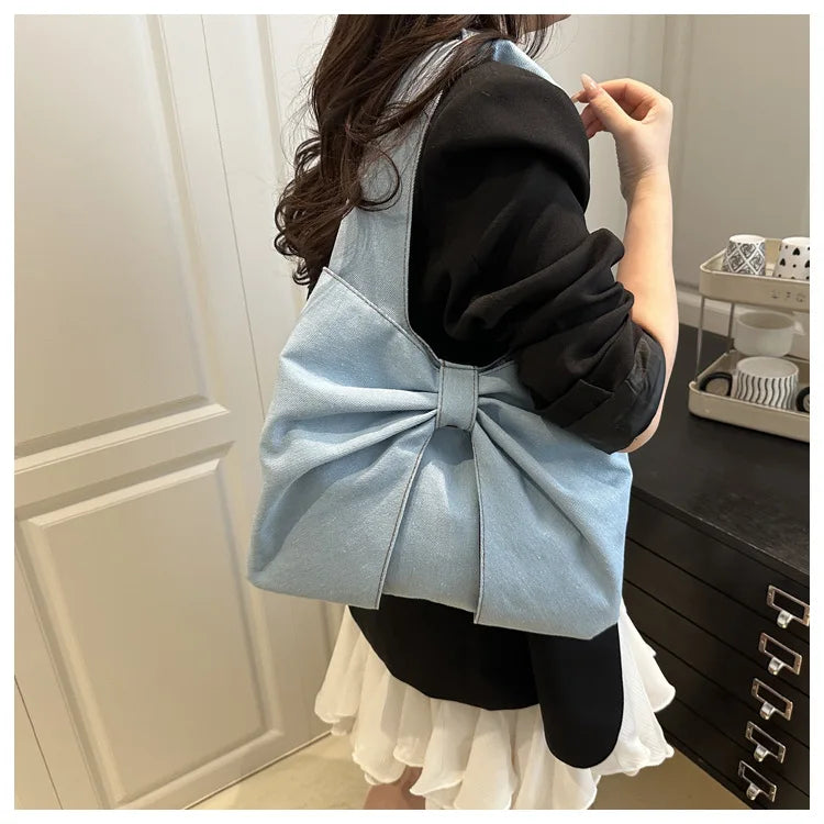Sweet Bowknot Design Women's Denim Shoulder Bags Commuter Thread Ladies Handbags Casual Lightweight Female Underarm Tote Bag