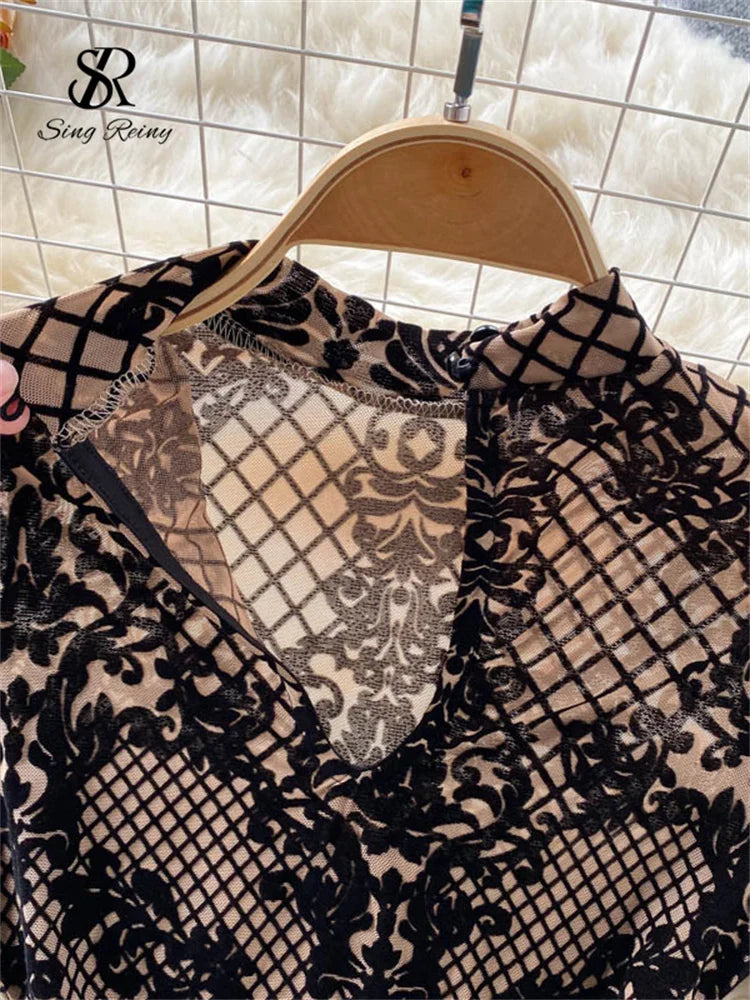 SINGREINY Fashion Women Velvet Slim Playsuits Long Sleeves Vintage Bodycon Rompers Streetwear Y2K Ins Chic Mesh Sexy Bodysuits