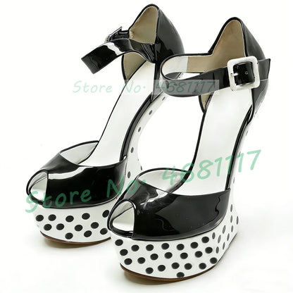 Black Polka Dot Platform Fretwork Heels Sandals Women Sexy Peep Toe Patent Leather Shoes Party Ankle Strap Heelless Sandals