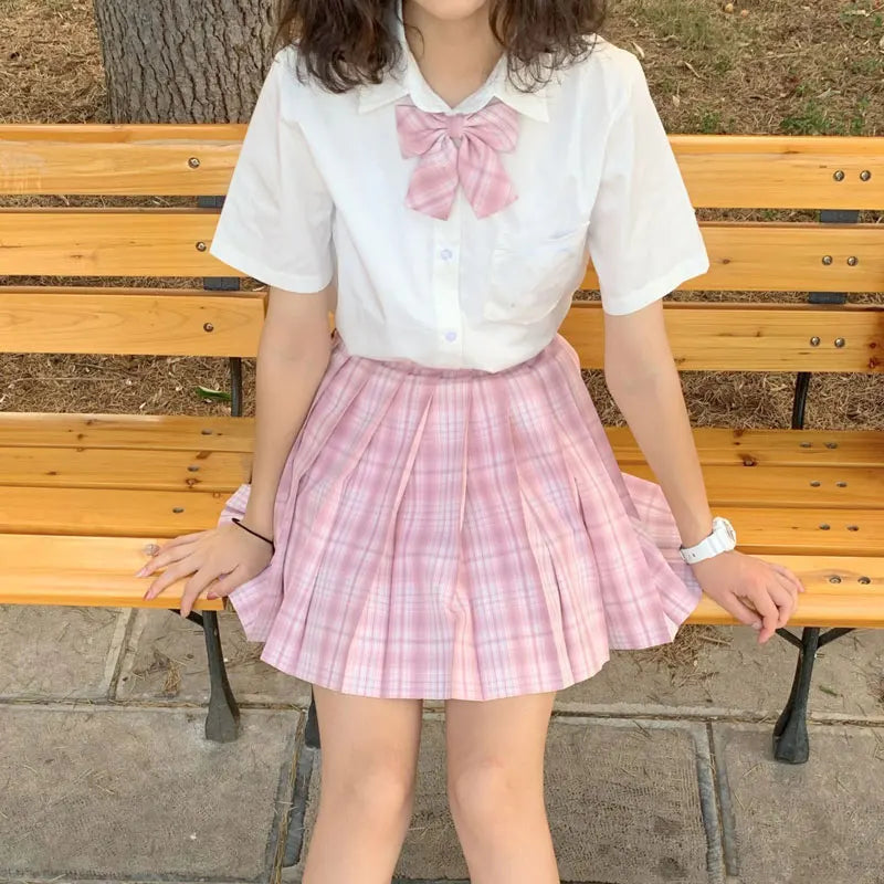 New Japanese School Uniform Korean Student Jk Seifuku Blouse Pleated Skirt Tie Full Set Girl Plaid Skirt Pink Uniforms For Woman