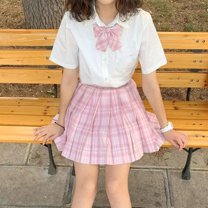 New Japanese School Uniform Korean Student Jk Seifuku Blouse Pleated Skirt Tie Full Set Girl Plaid Skirt Pink Uniforms For Woman