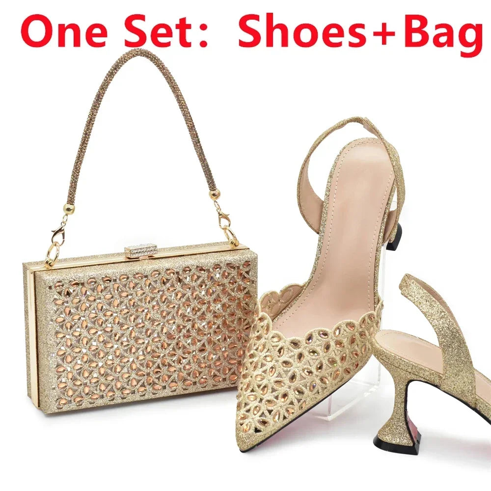 New Arrival Shoe and Bag Set Italian Design Nigeria Party Shoes and Bags for Women Rhinestone Luxury High Heels Woman Pumps